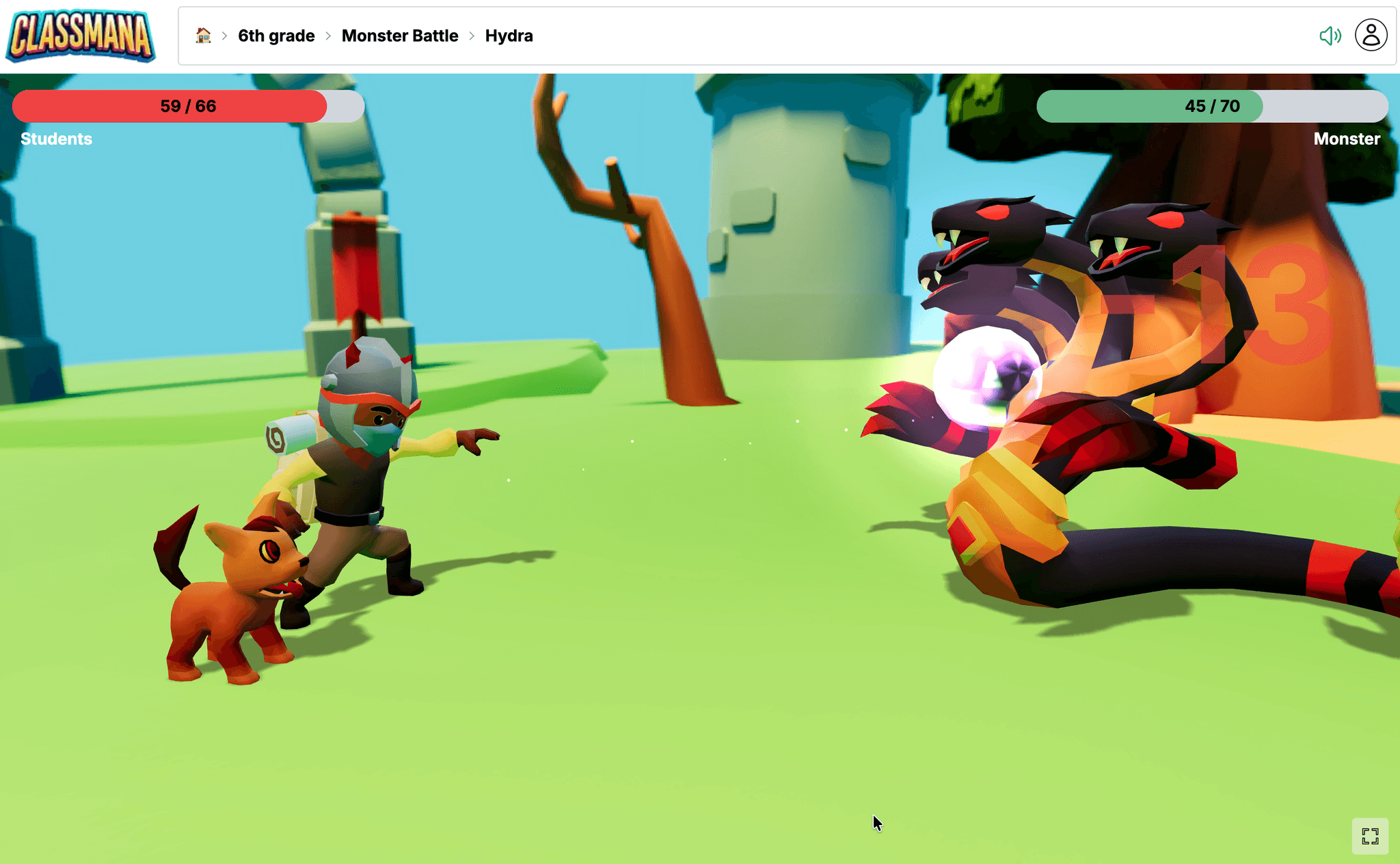 ClassMana Monster Battle — elever besegrar monster genom att svara på frågor korrekt