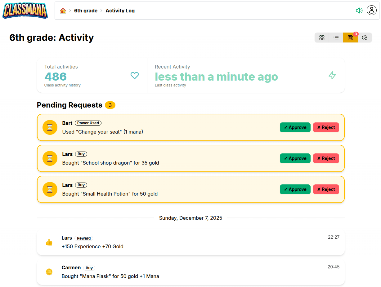 Aktivitetssida med väntande förfrågningar